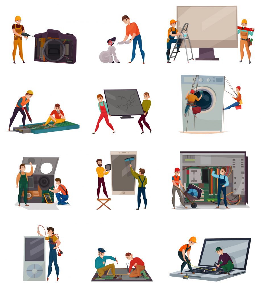 Vector Graphics showing people repairing different gadgets