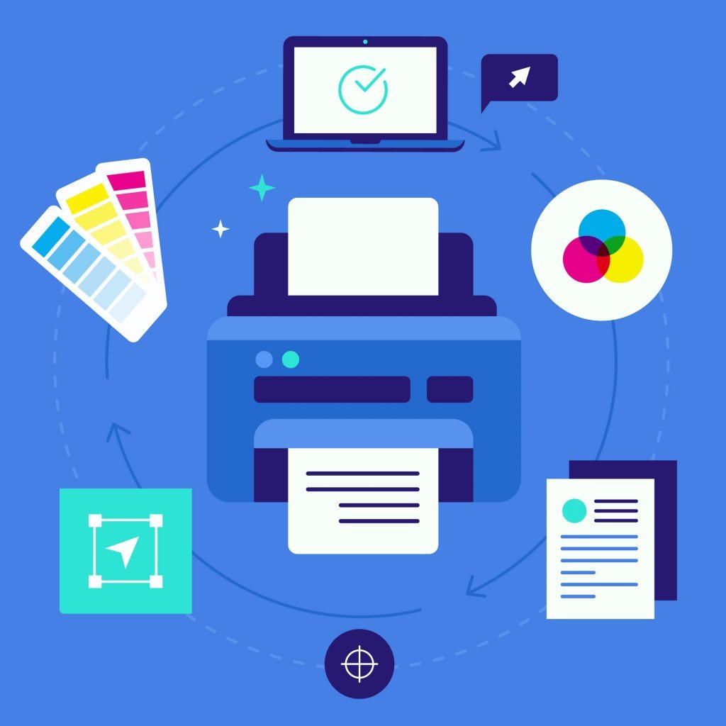 Vector graphic showing a printer and laptop and a document